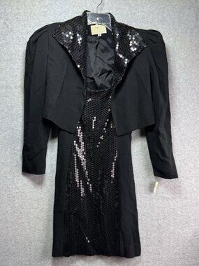 NWT Vintage 80s ALBERTO MAKALI Dress Jacket Set Size 6 Black Sequins Retro Glam